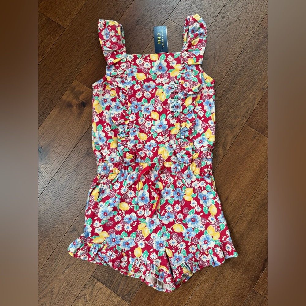 Ralph Lauren floral Red and Blue Romper. NWT. Size 12-14